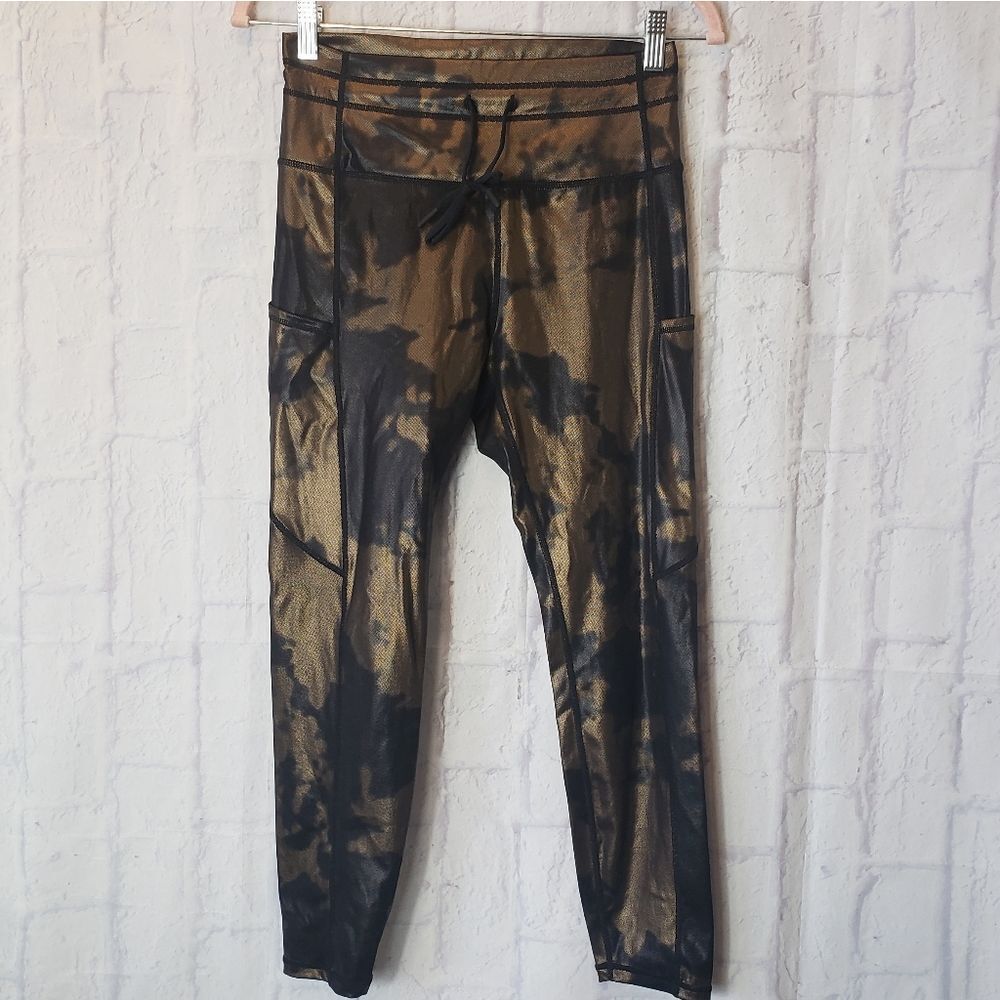 ZYIA ACTIVE Metallic Camo Tie Dye Activewear Leggings Brown & Black 6-8